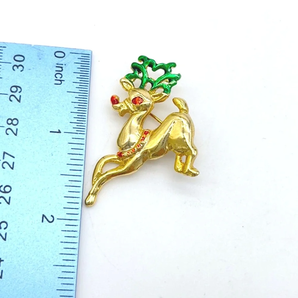 Vintage Reindeer Brooch Christmas Pin Gold Tone Green Antlers‎ Red Rhinestone